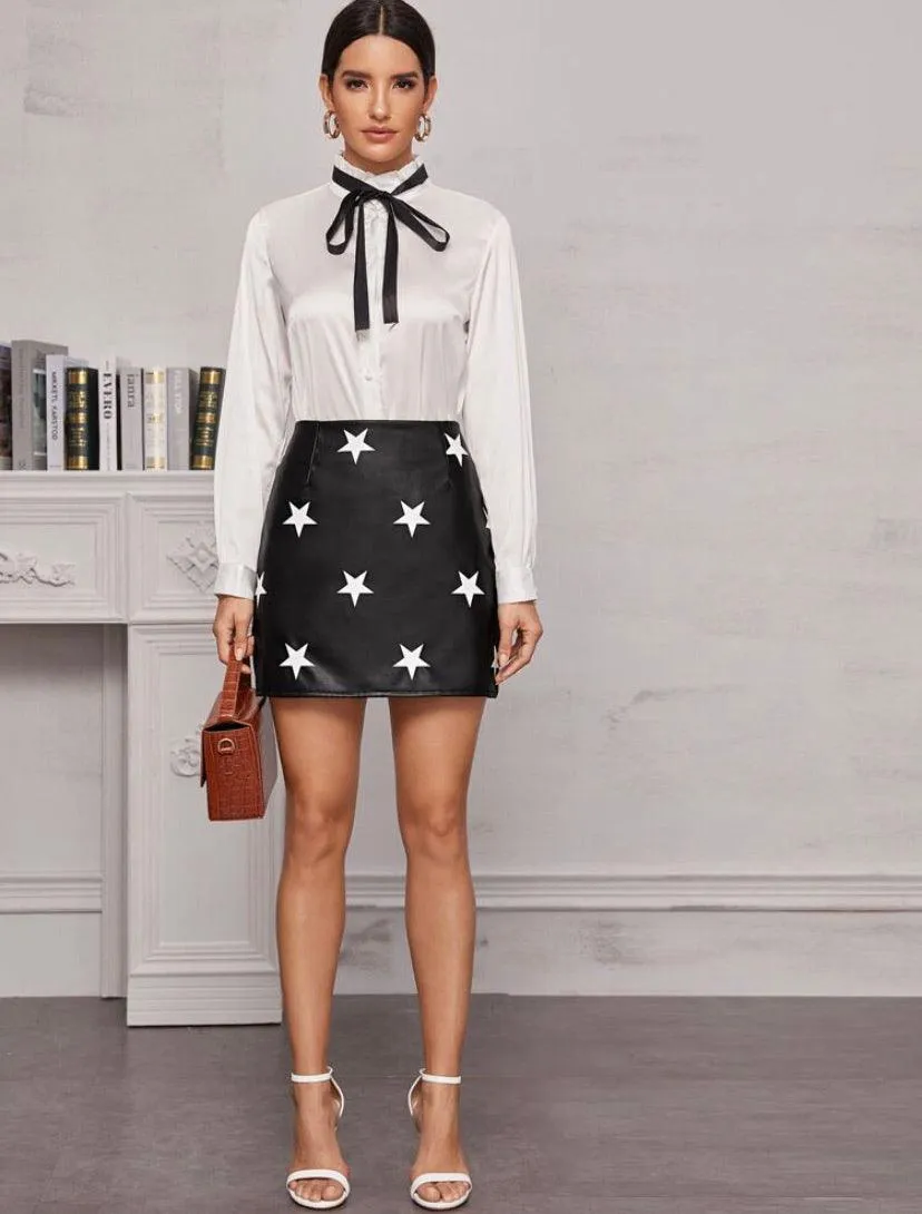 Star Print Faux Leather Mini Skirt