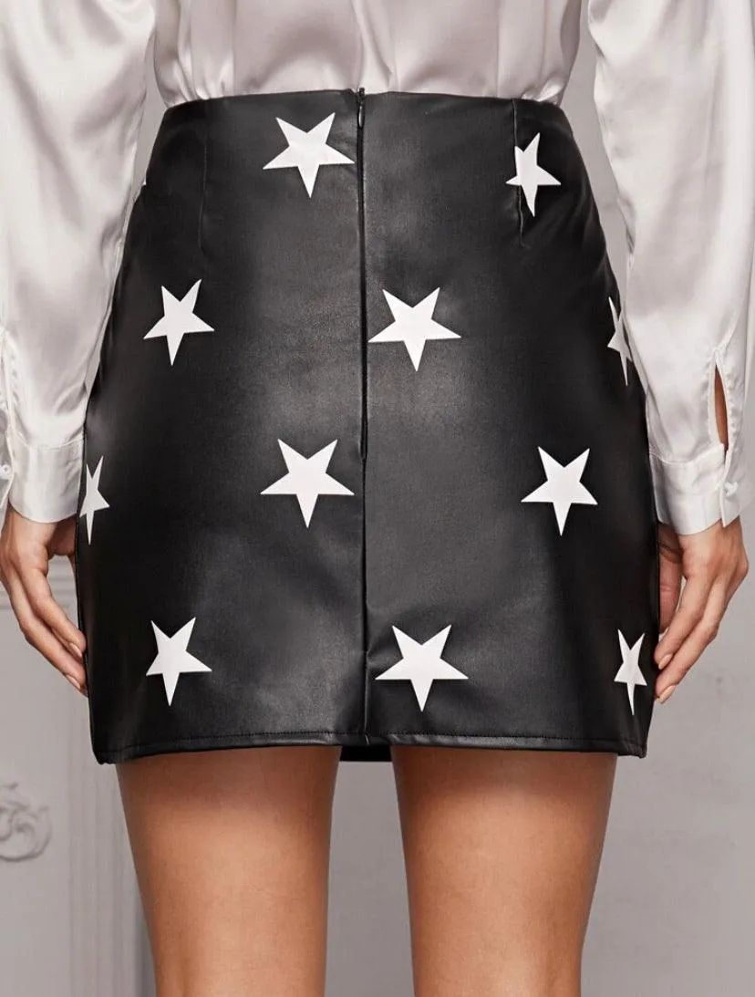 Star Print Faux Leather Mini Skirt