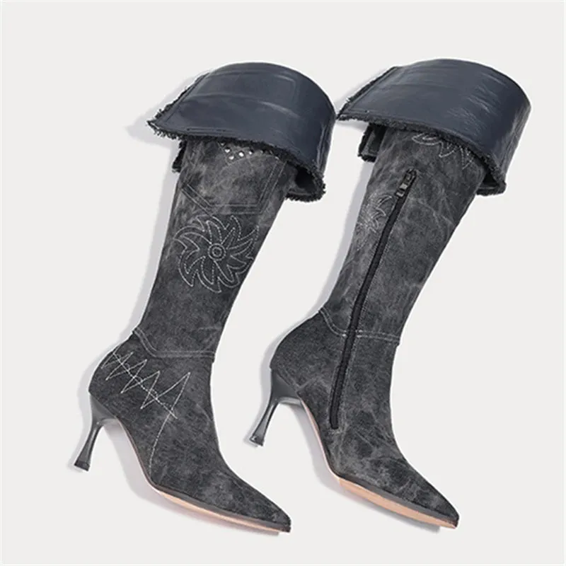 TAVIMART  -  Blue Denim Turn Over Edge Pointed Toe Knee High Women Boots Thin High Heels Mixed Color Patchwork Fashion Western Female Shoes