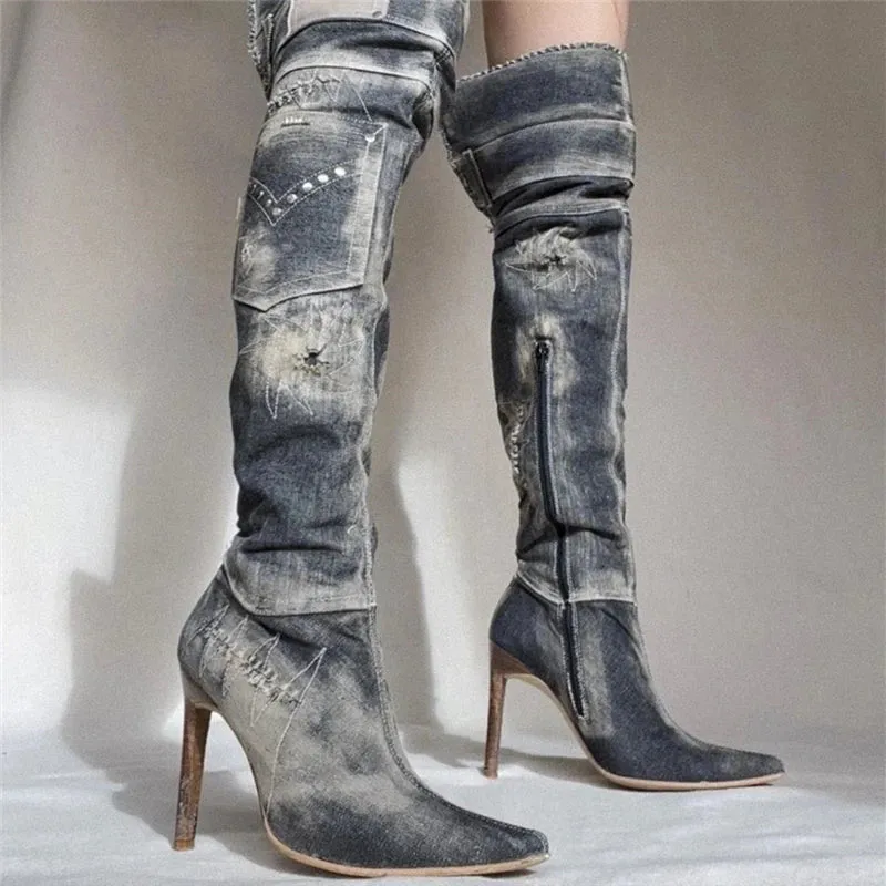 TAVIMART  -  Blue Denim Turn Over Edge Pointed Toe Knee High Women Boots Thin High Heels Mixed Color Patchwork Fashion Western Female Shoes