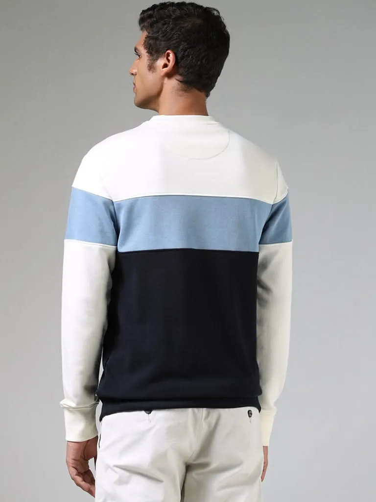 WES Casuals White & Navy Colour Blocked Relaxed-Fit Sweatshirt