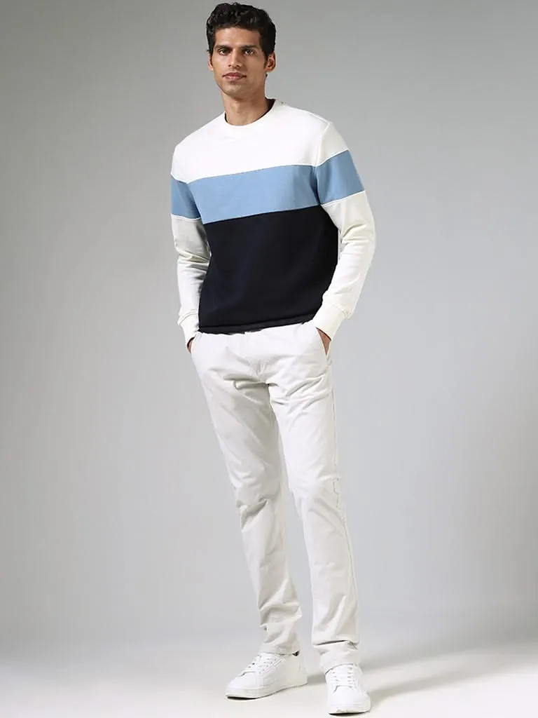 WES Casuals White & Navy Colour Blocked Relaxed-Fit Sweatshirt