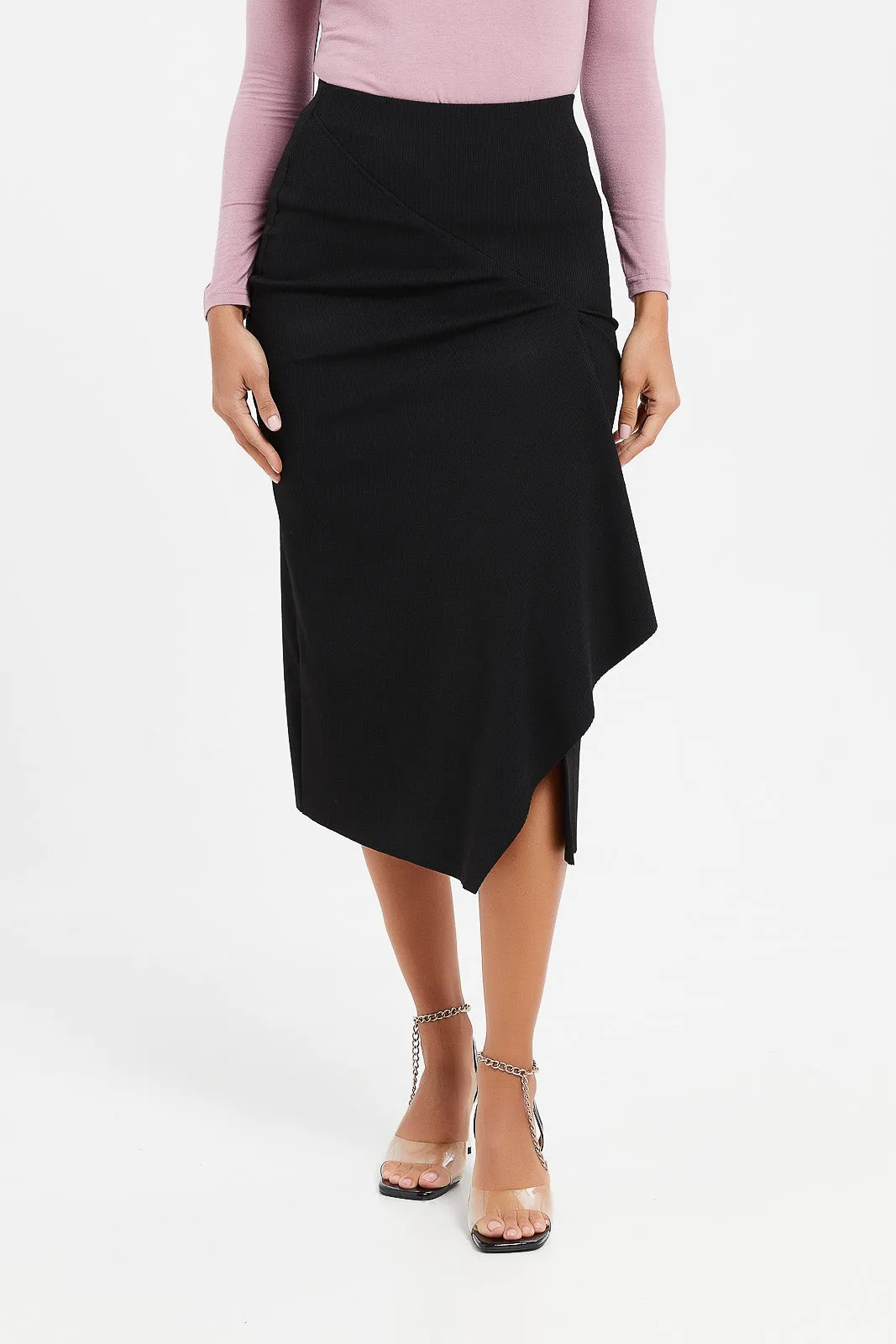 Women Black Rib Front Ruffle Skirt