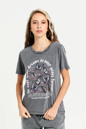 Women Grey Overdyed Printed T-Shirt