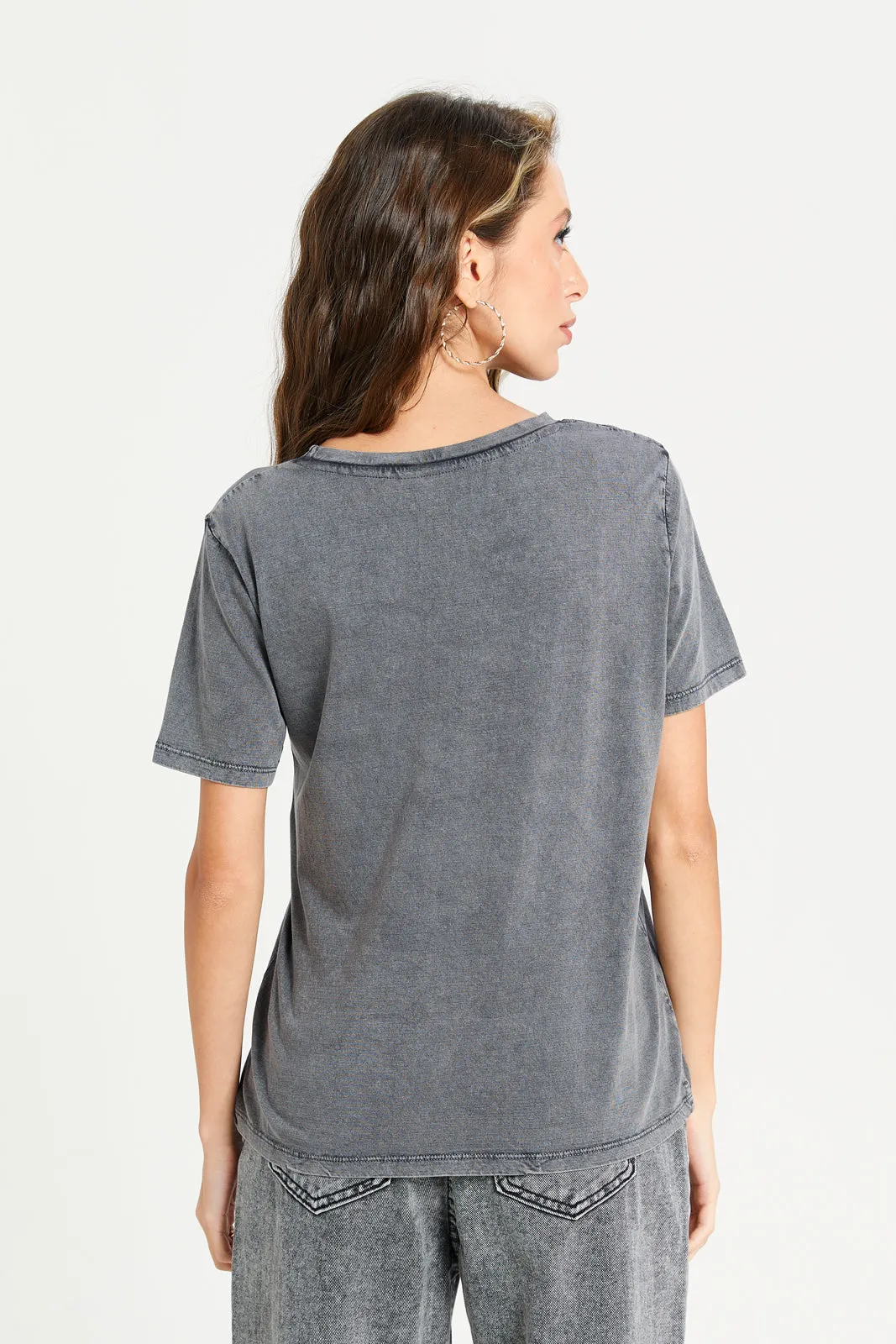 Women Grey Overdyed Printed T-Shirt