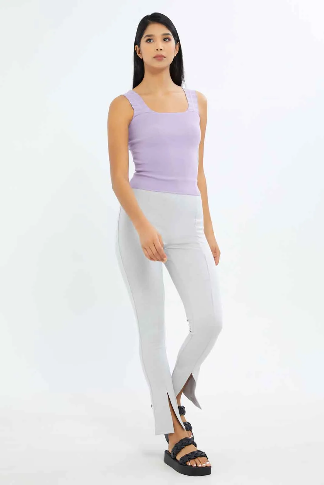 Women Lilac Ribbed Top