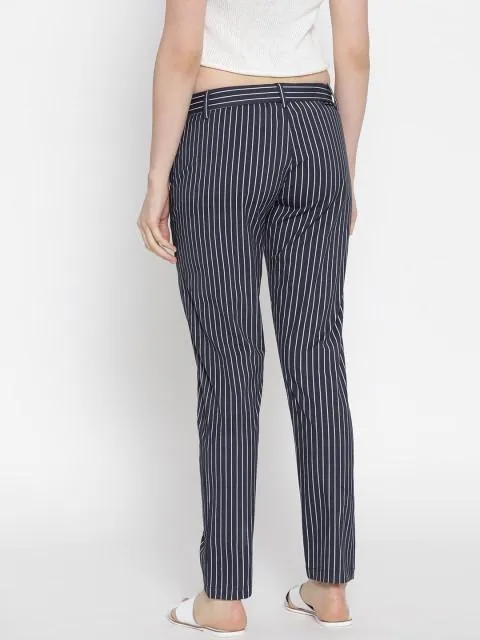 Women Striped Navy Blue Trousers