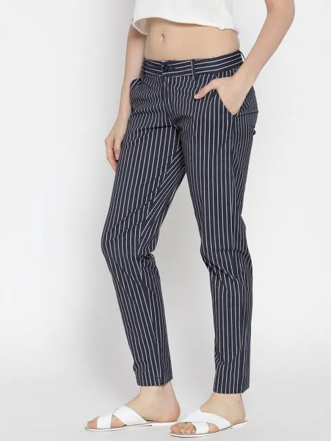 Women Striped Navy Blue Trousers