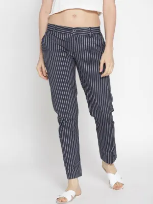 Women Striped Navy Blue Trousers