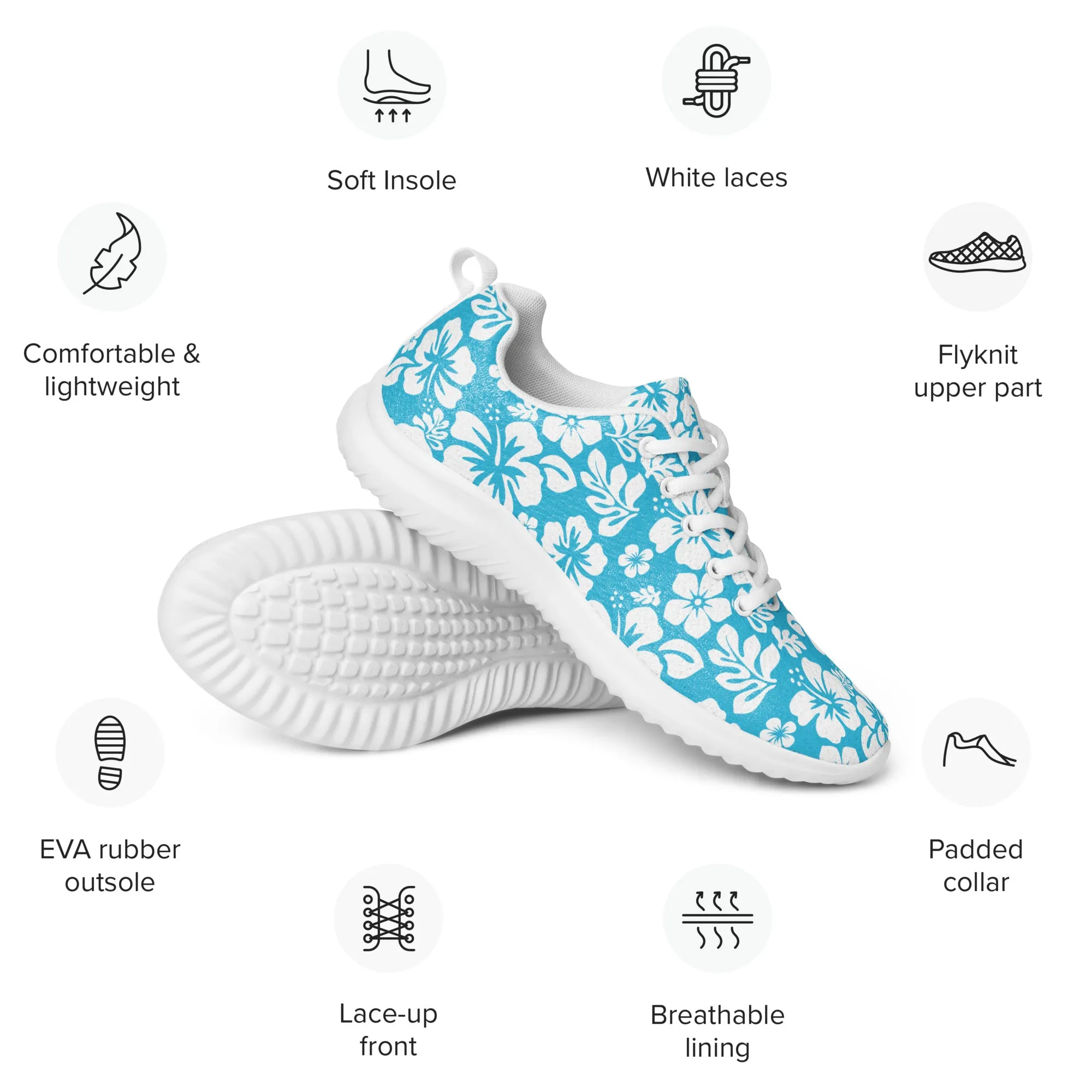 Women’s Aqua Blue and White Hawaiian Flowers Athletic Shoes