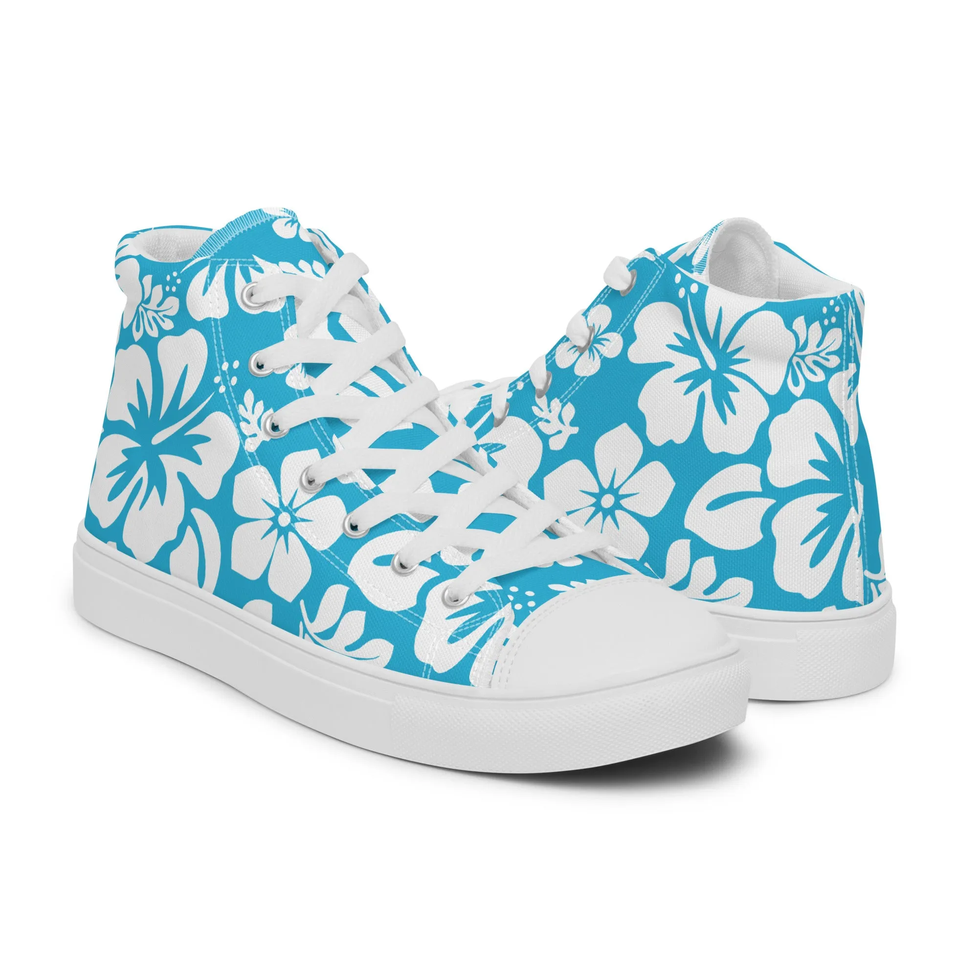 Women's Aqua Blue and White Hawaiian Print High Top Canvas Shoes