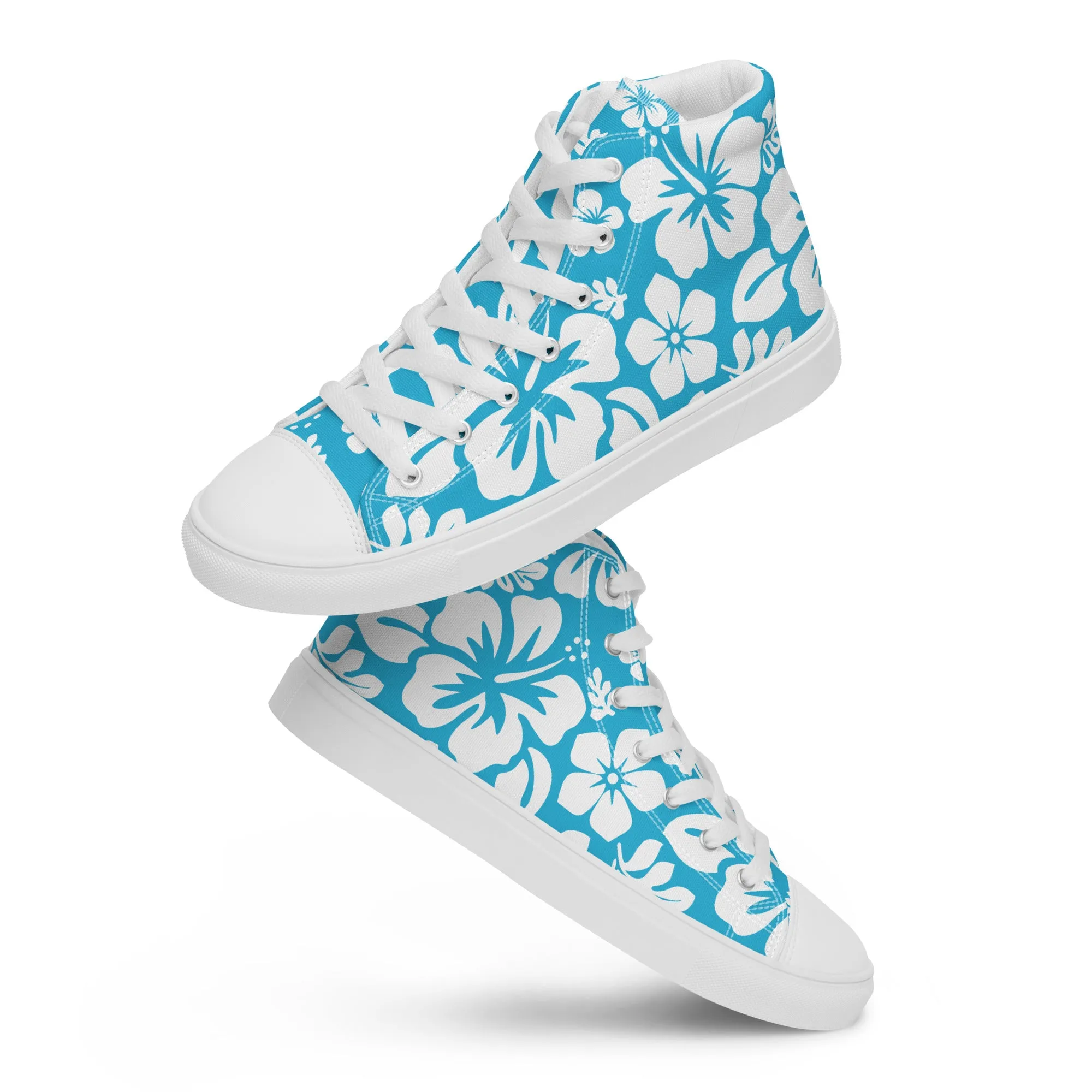 Women's Aqua Blue and White Hawaiian Print High Top Canvas Shoes