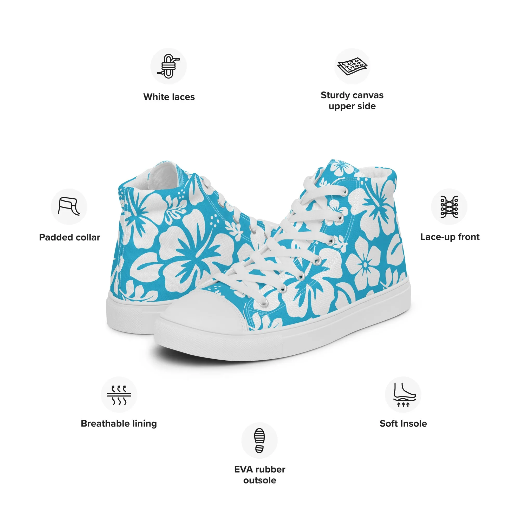 Women's Aqua Blue and White Hawaiian Print High Top Canvas Shoes