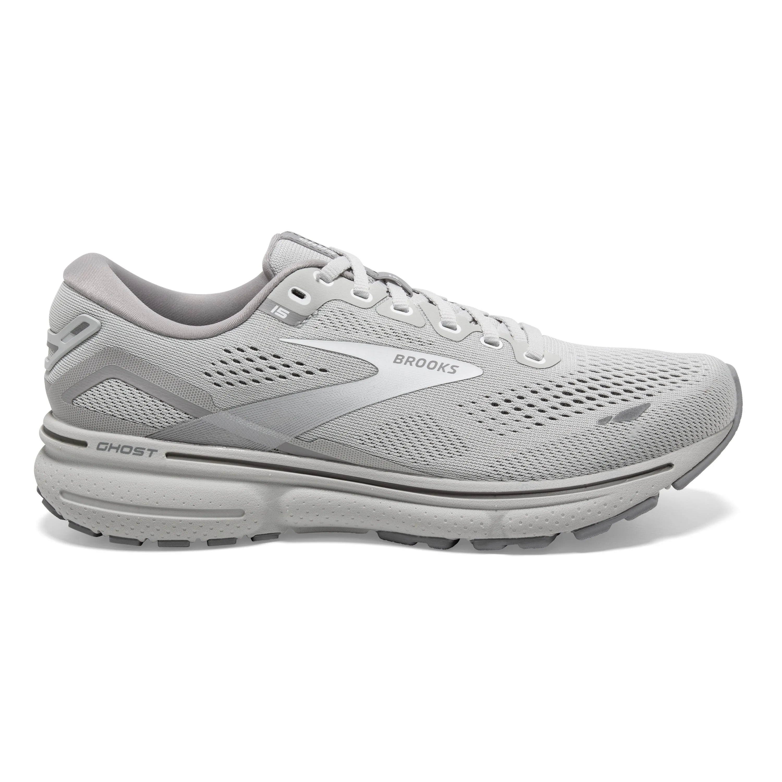 Women's Brooks Ghost 15 1203801D112 Color: Oyster/Alloy/White (WIDE WIDTH)