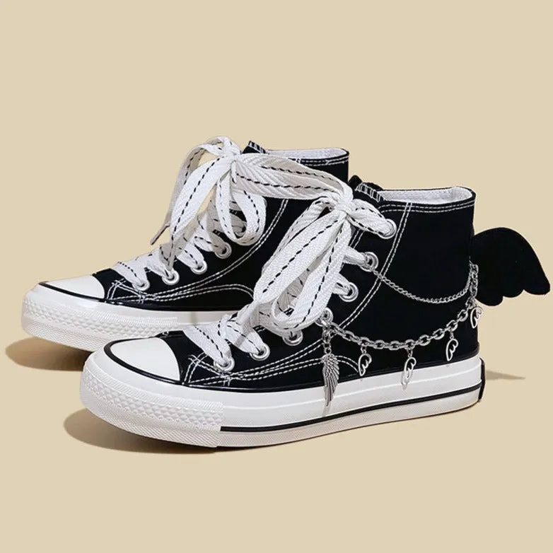 Womens Mens Students Metal Chain Bat High Top Canvas Sneakers