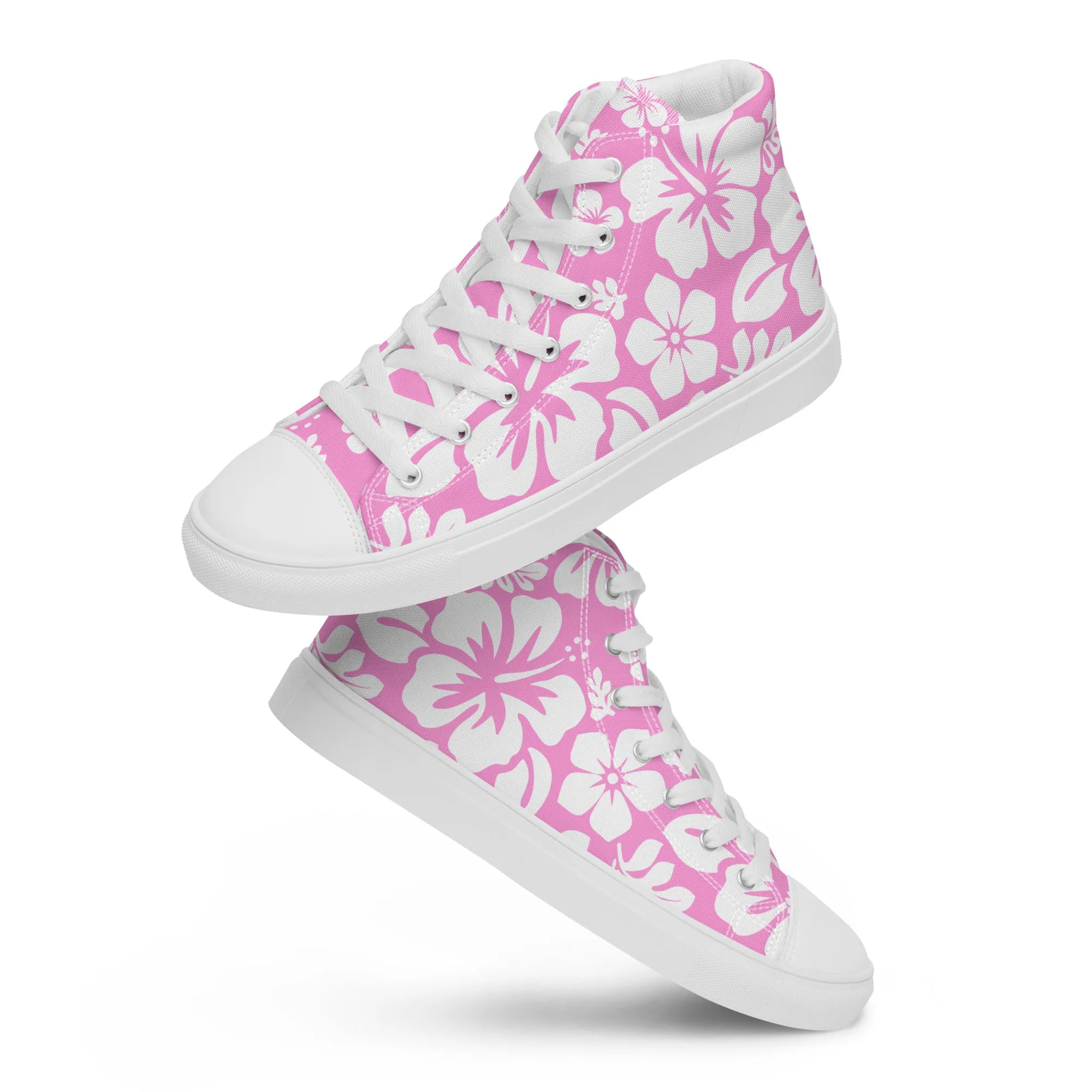 Women's Pink and White Hawaiian Print High Top Canvas Shoes